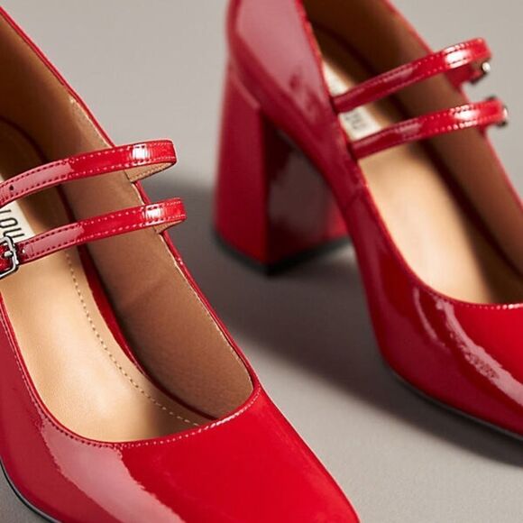 Anthropologie Bibi Lou Milena Heels Cherry Red Patent Leather Maryjane Chunky - Picture 3 of 4